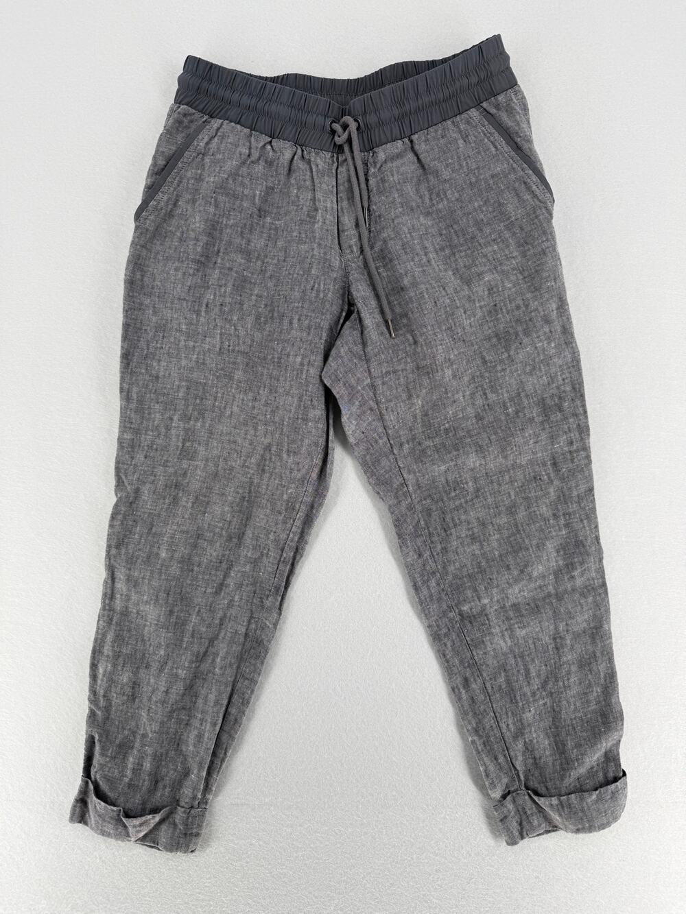 Athleta Womens 4P Petite Gray 100% Linen Jogger Pants Drawstring Travel